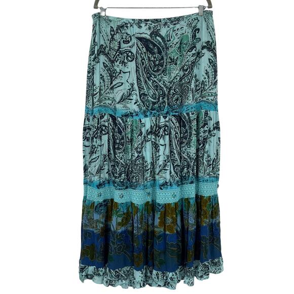 Forbidden Tier Maxi Skirt Sz L Blue Boho Lace Festival Crystals Fairy Chiffon - Picture 1 of 10